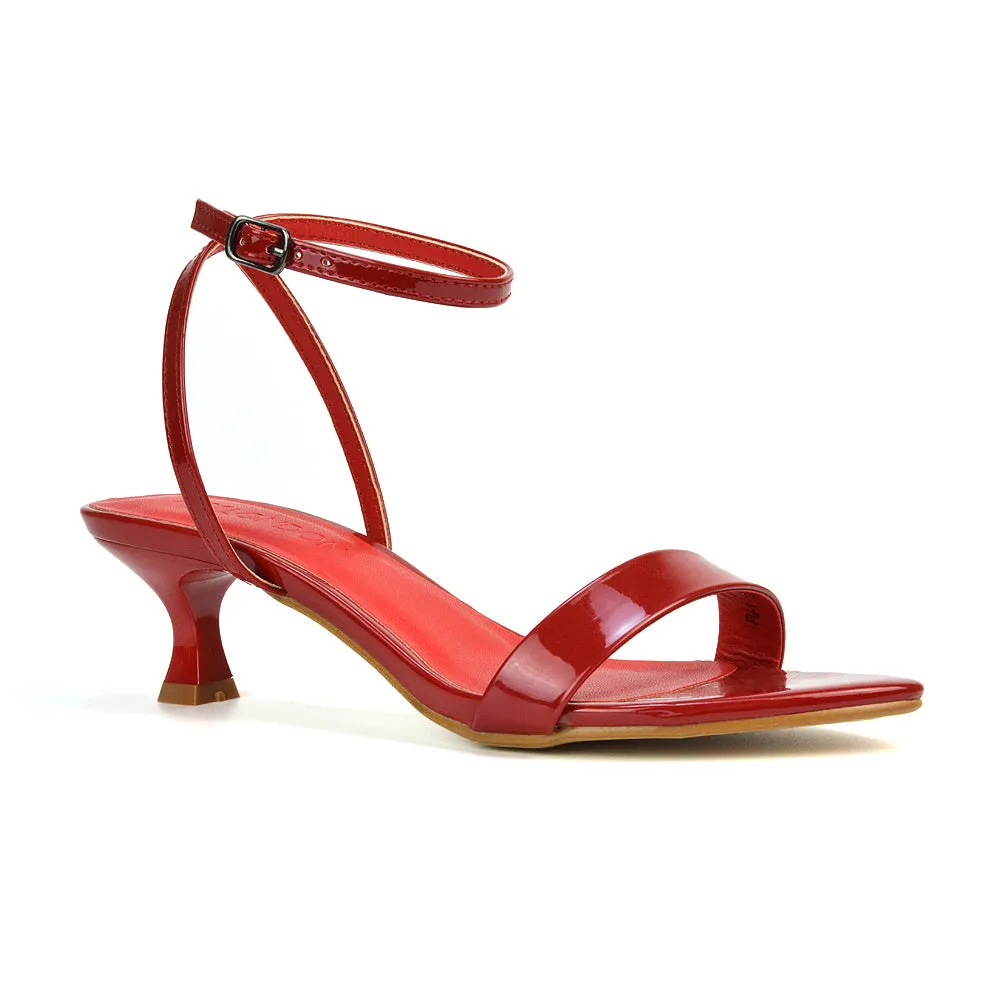 Antonia Strappy Party Kitten Low Heel Sandals in Black Patent