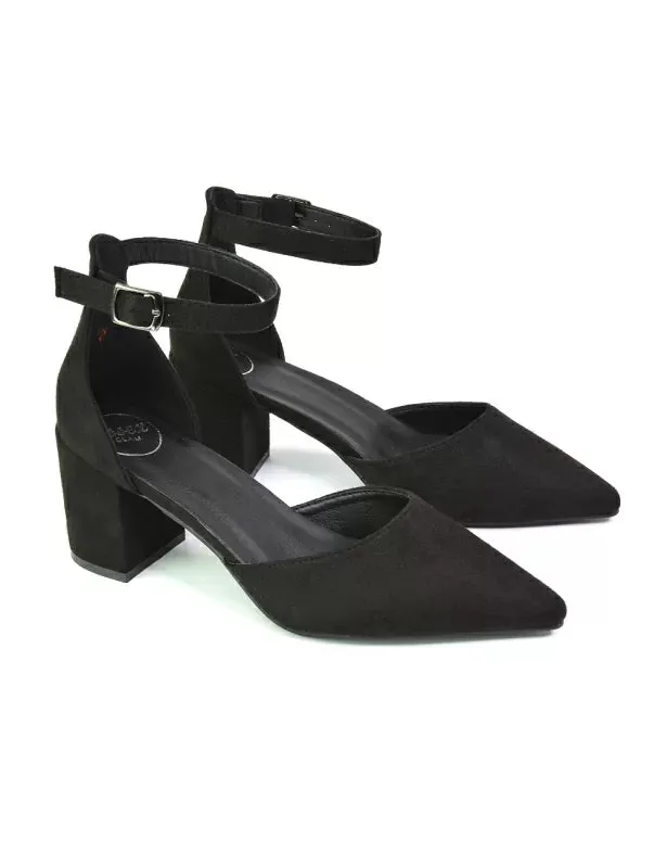 Bronte Pointed Toe Strappy Mid Block Heel Sandal Court Shoes in Black