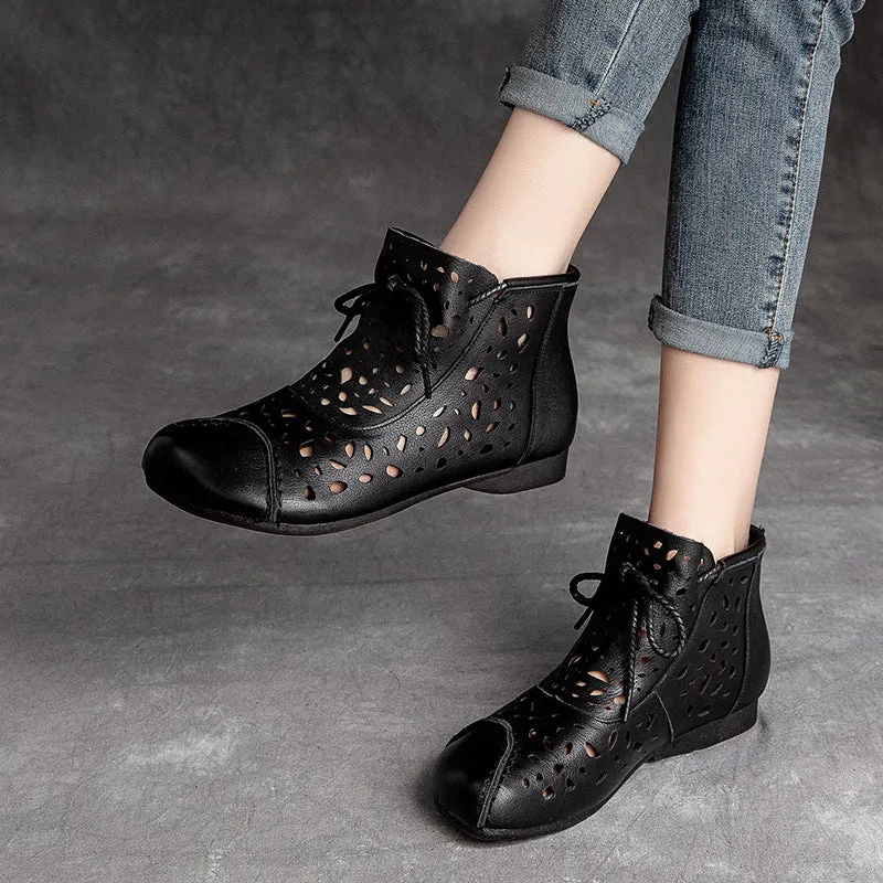 Women Retro Casual Hollow Leather Flat Ankle Boots