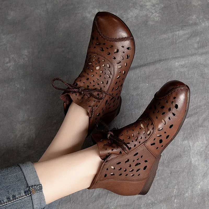 Women Retro Casual Hollow Leather Flat Ankle Boots